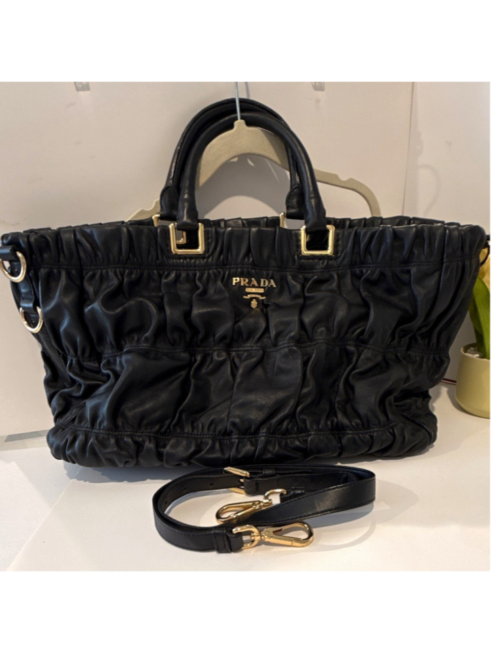 PRADA Black Nappa Gaufre Top Handle Leather Bag w/ Detachable Strap GHW